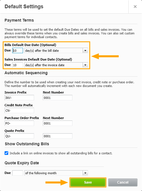 Setting Customer Invoice Default Due Date In Xero